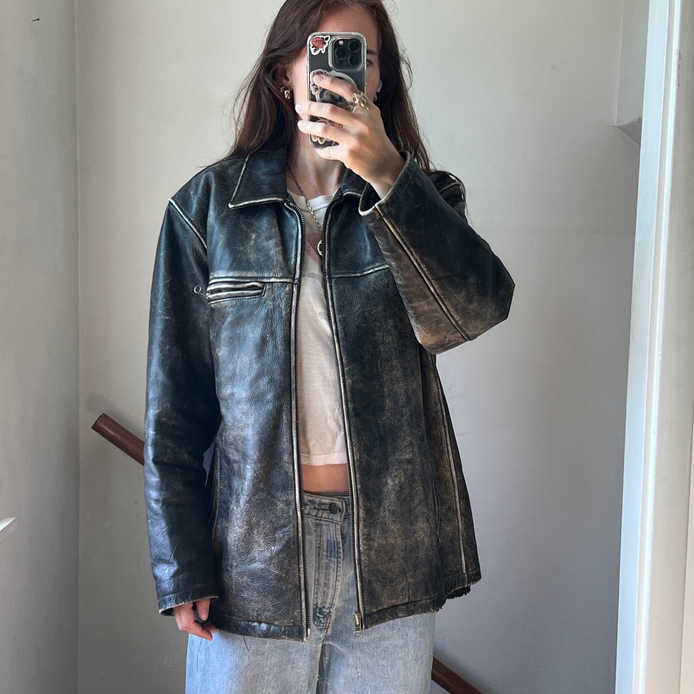 Vintage J.Crew Leather Jacket Brown Distressed Faded Worn Bomber Moto Biker Coat